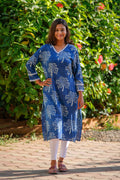 Handblock Tree Print Indigo Kurti with Intricate Lace Design