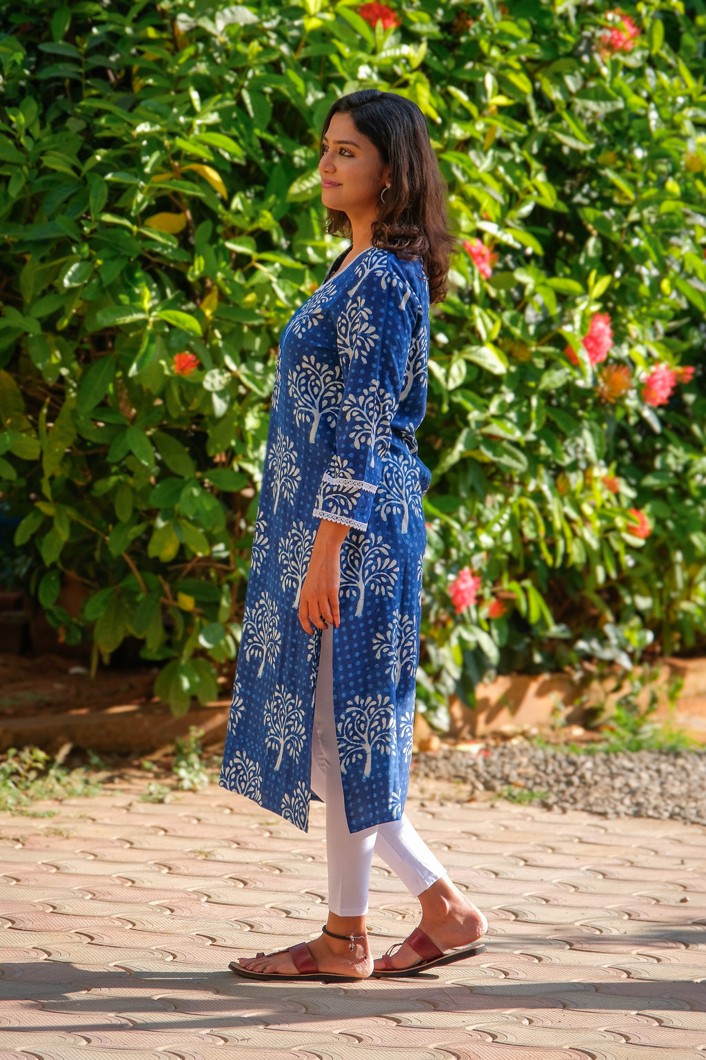 Handblock Tree Print Indigo Kurti with Intricate Lace Design