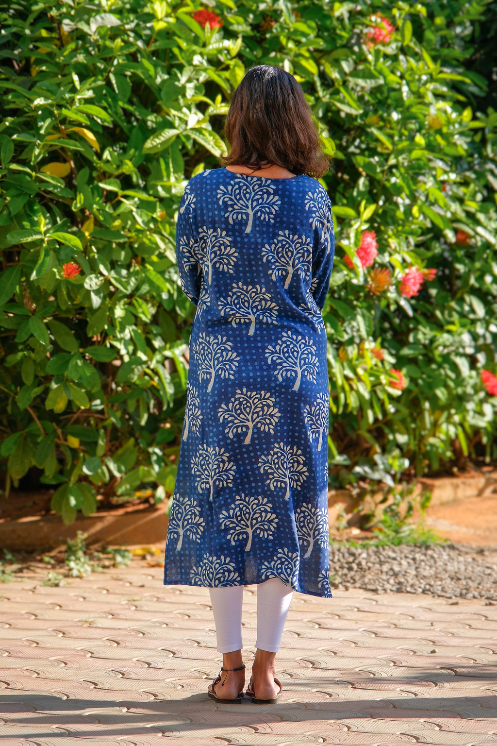Handblock Tree Print Indigo Kurti with Intricate Lace Design