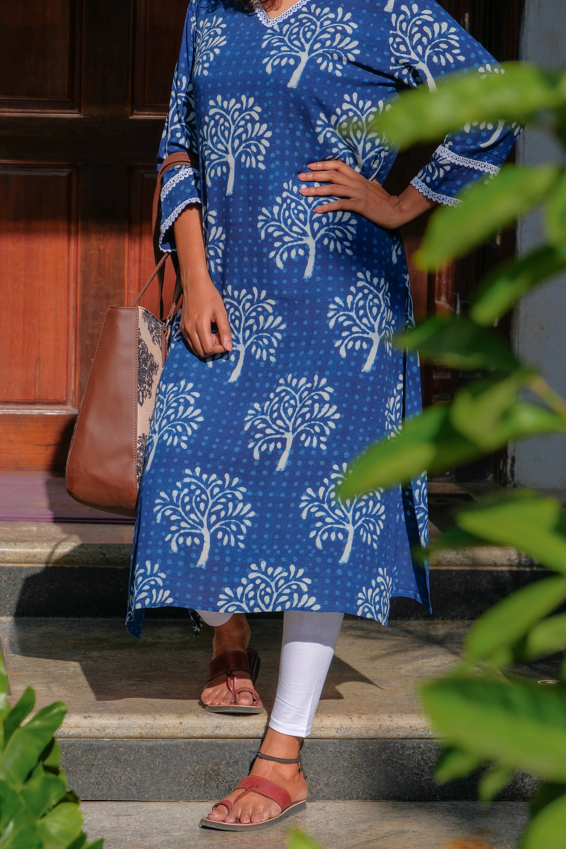 Handblock Tree Print Indigo Kurti with Intricate Lace Design