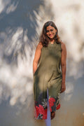 Olive Green Garden Print Sleeveless Kurti