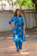 Blue Floral Print Cotton Kurti with Pant