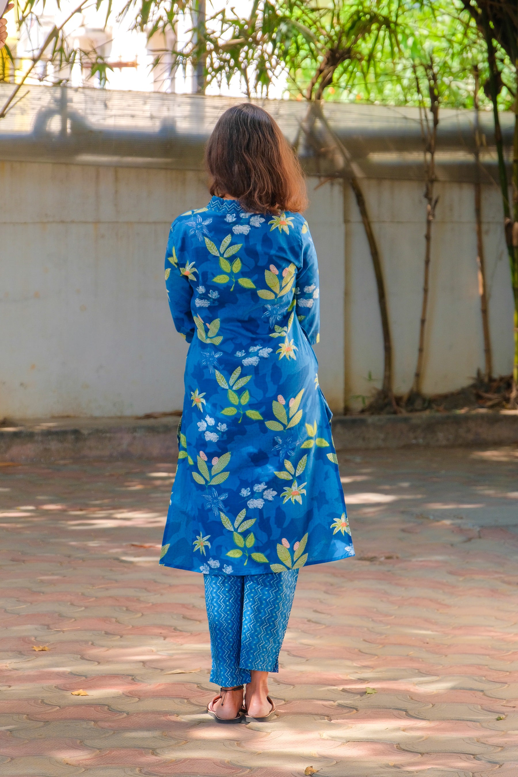 Blue Floral Print Cotton Kurti with Pant