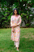 Soft Peach Floral Cotton Kurti Set with Embroidery and Sequin work