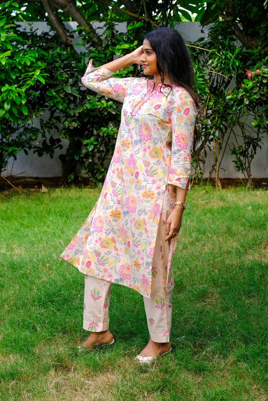 Soft Peach Floral Cotton Kurti Set with Embroidery and Sequin work