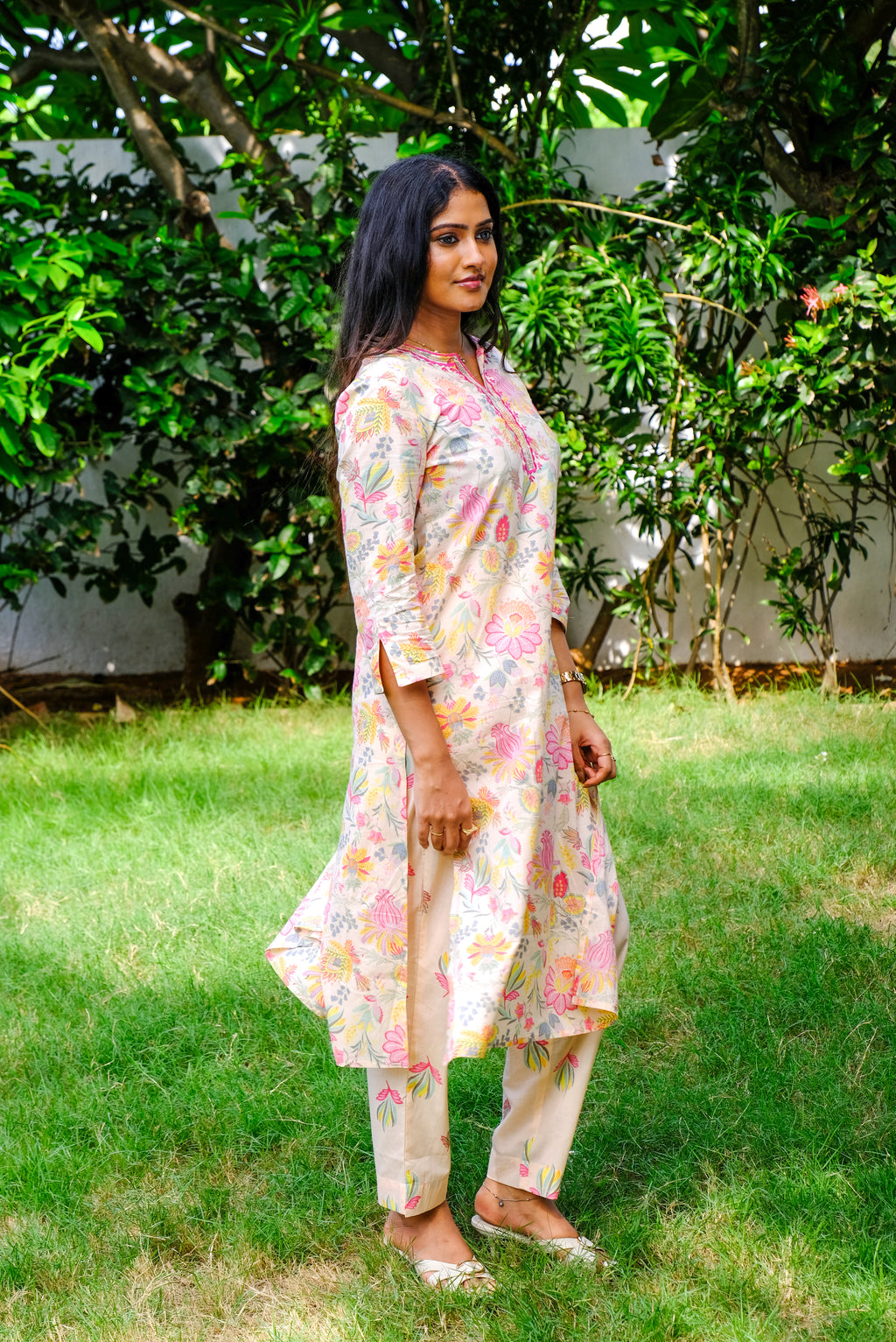 Soft Peach Floral Cotton Kurti Set with Embroidery and Sequin work