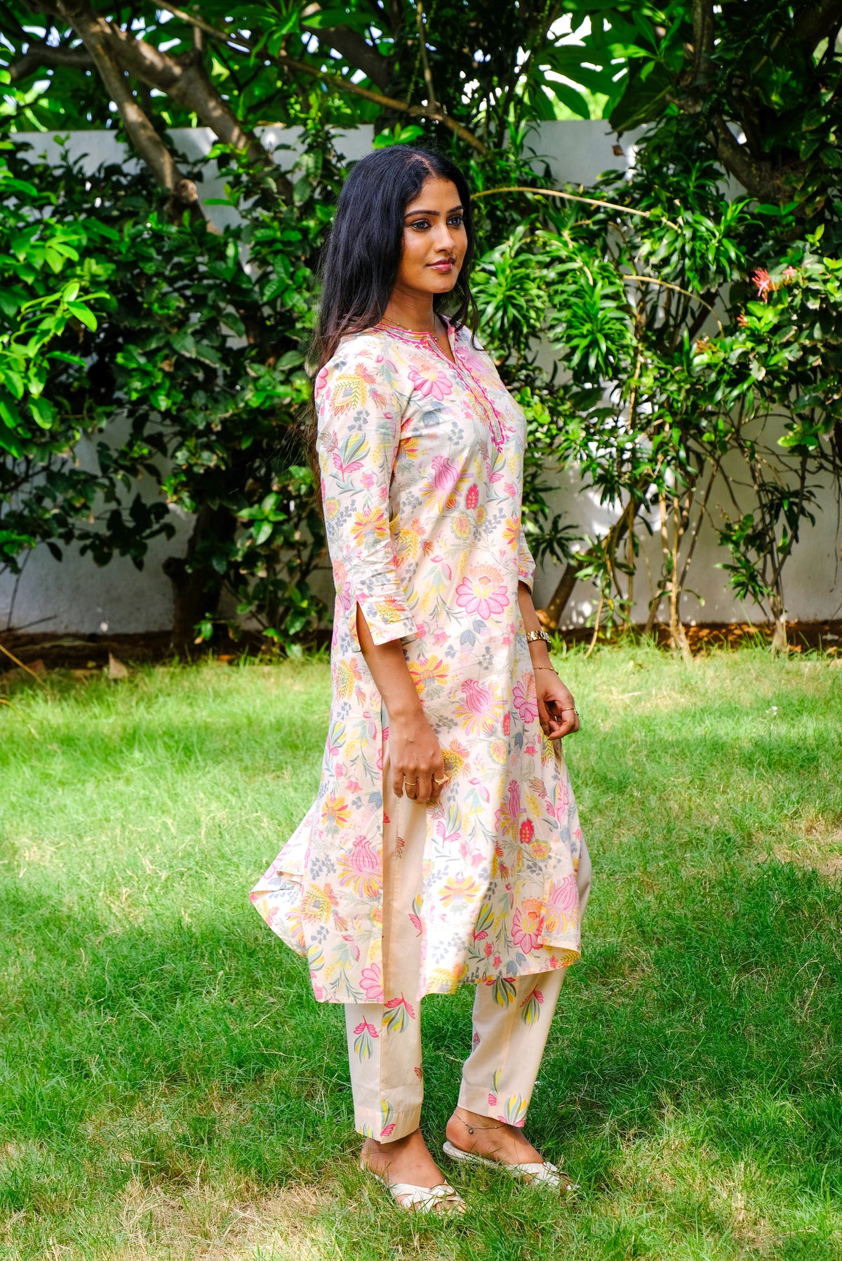 Soft Peach Floral Cotton Kurti Set with Embroidery and Sequin work