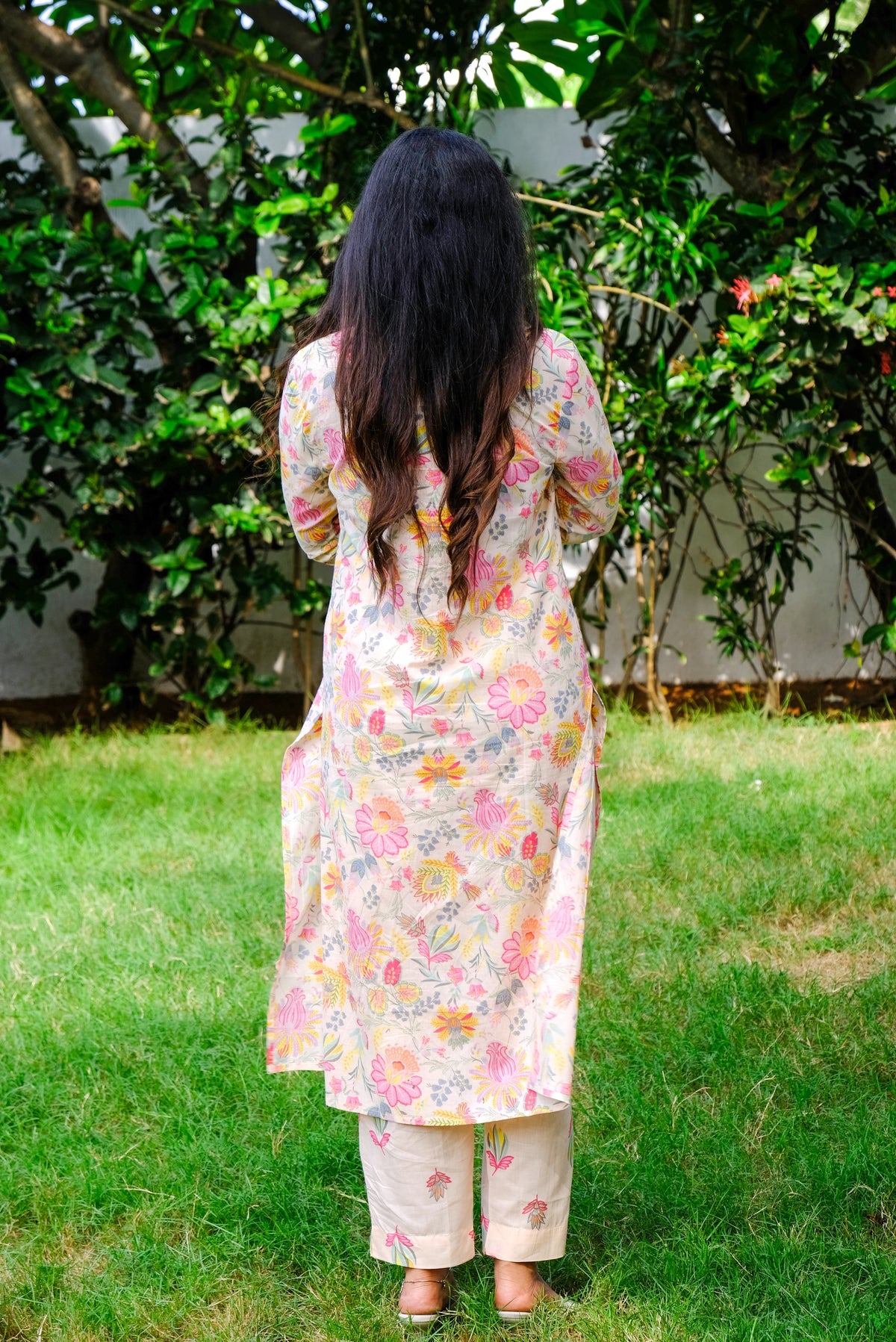 Soft Peach Floral Cotton Kurti Set with Embroidery and Sequin work