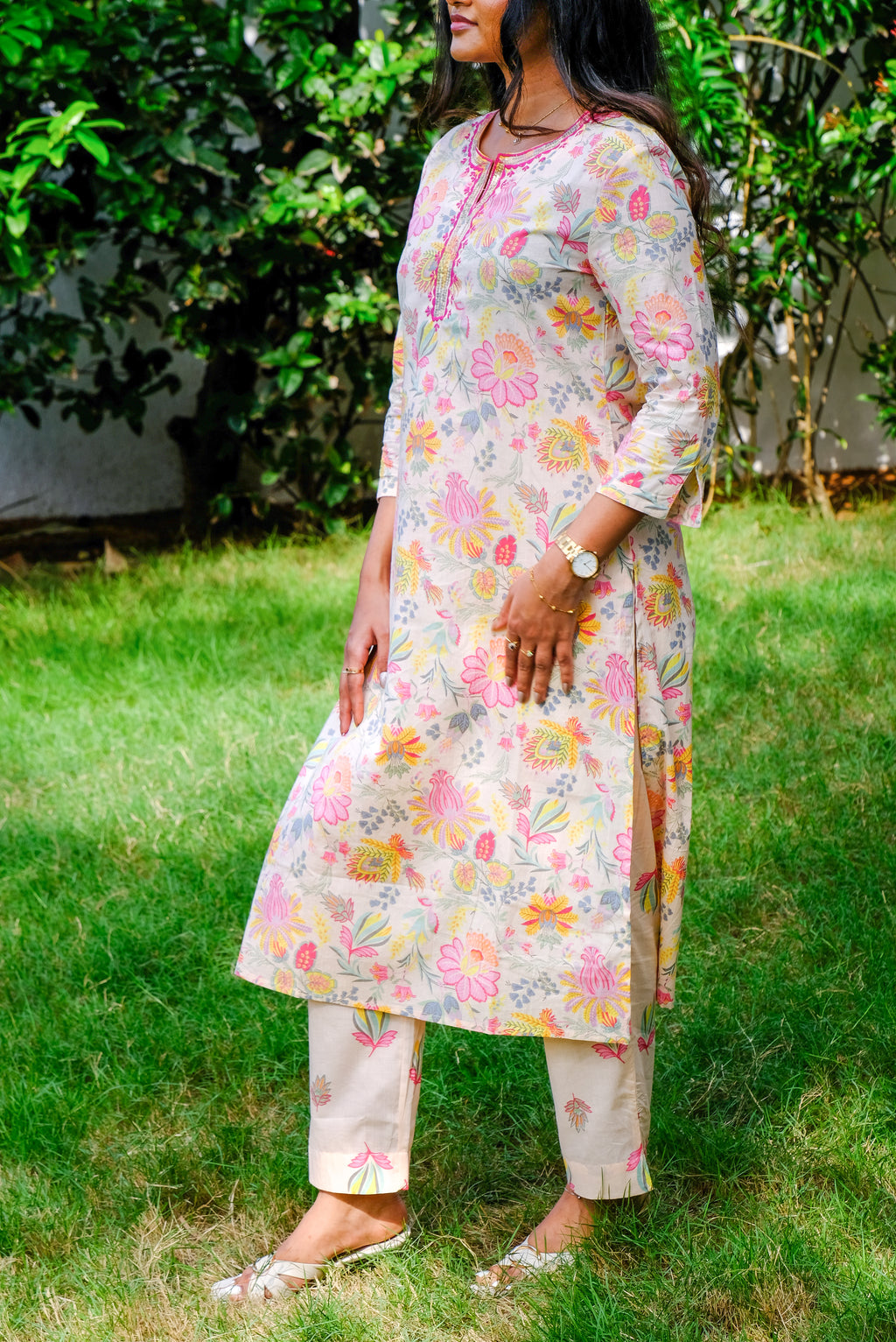 Soft Peach Floral Cotton Kurti Set with Embroidery and Sequin work