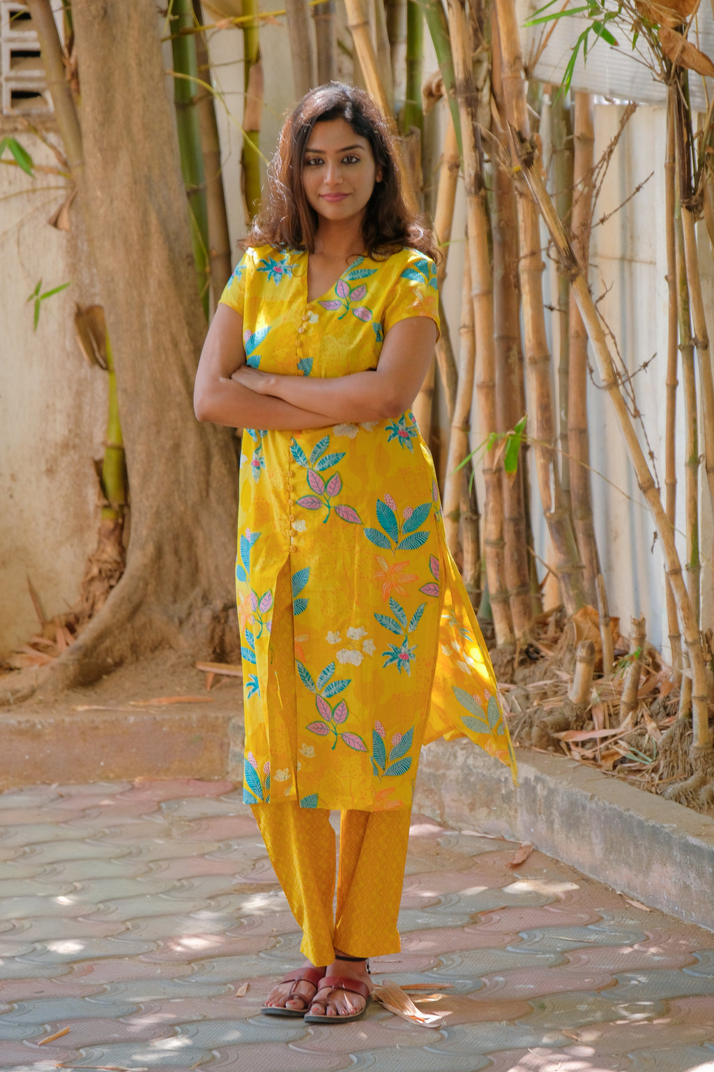 Elegant Yellow Floral Print Cotton kurti with Pant