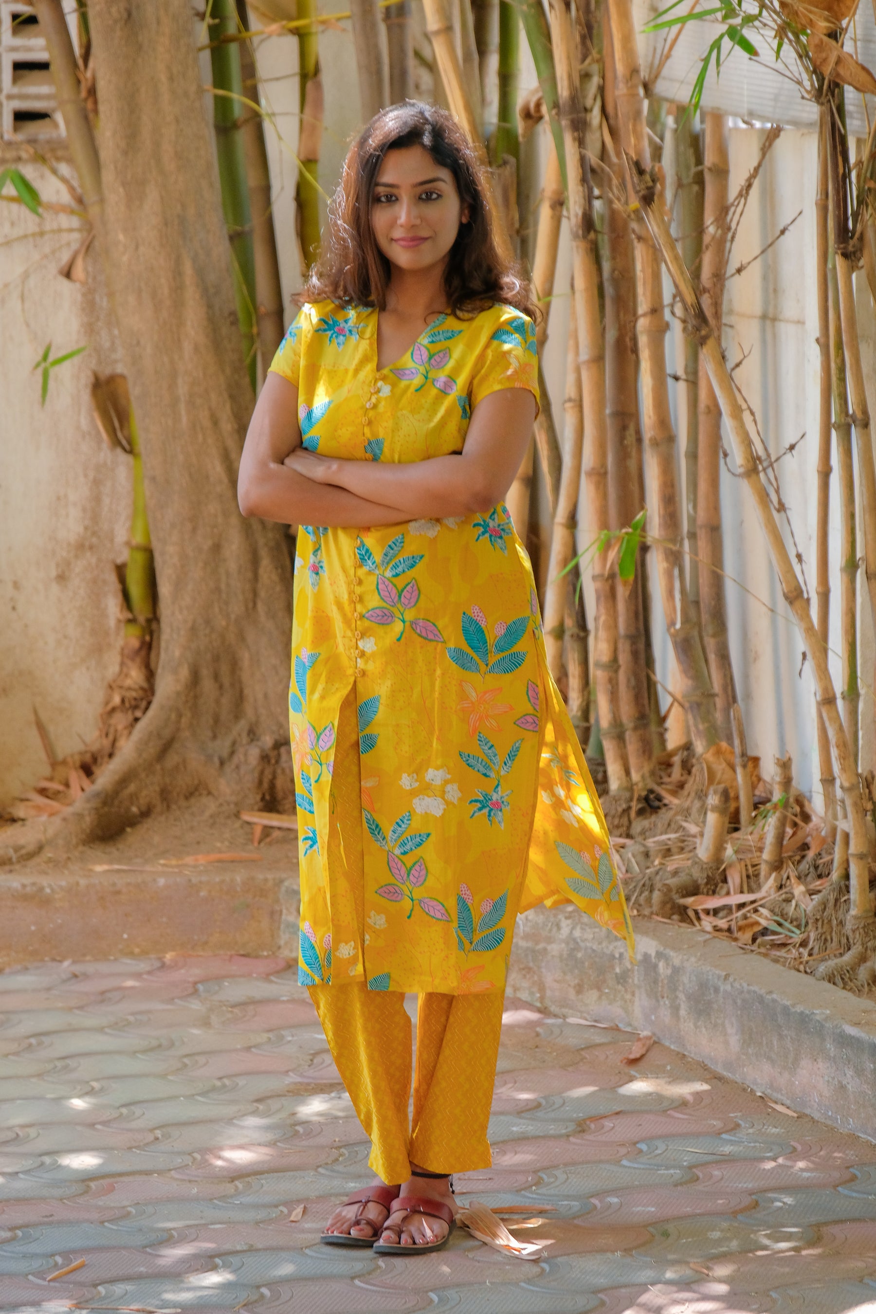 Elegant Yellow Floral Print Cotton kurti with Pant