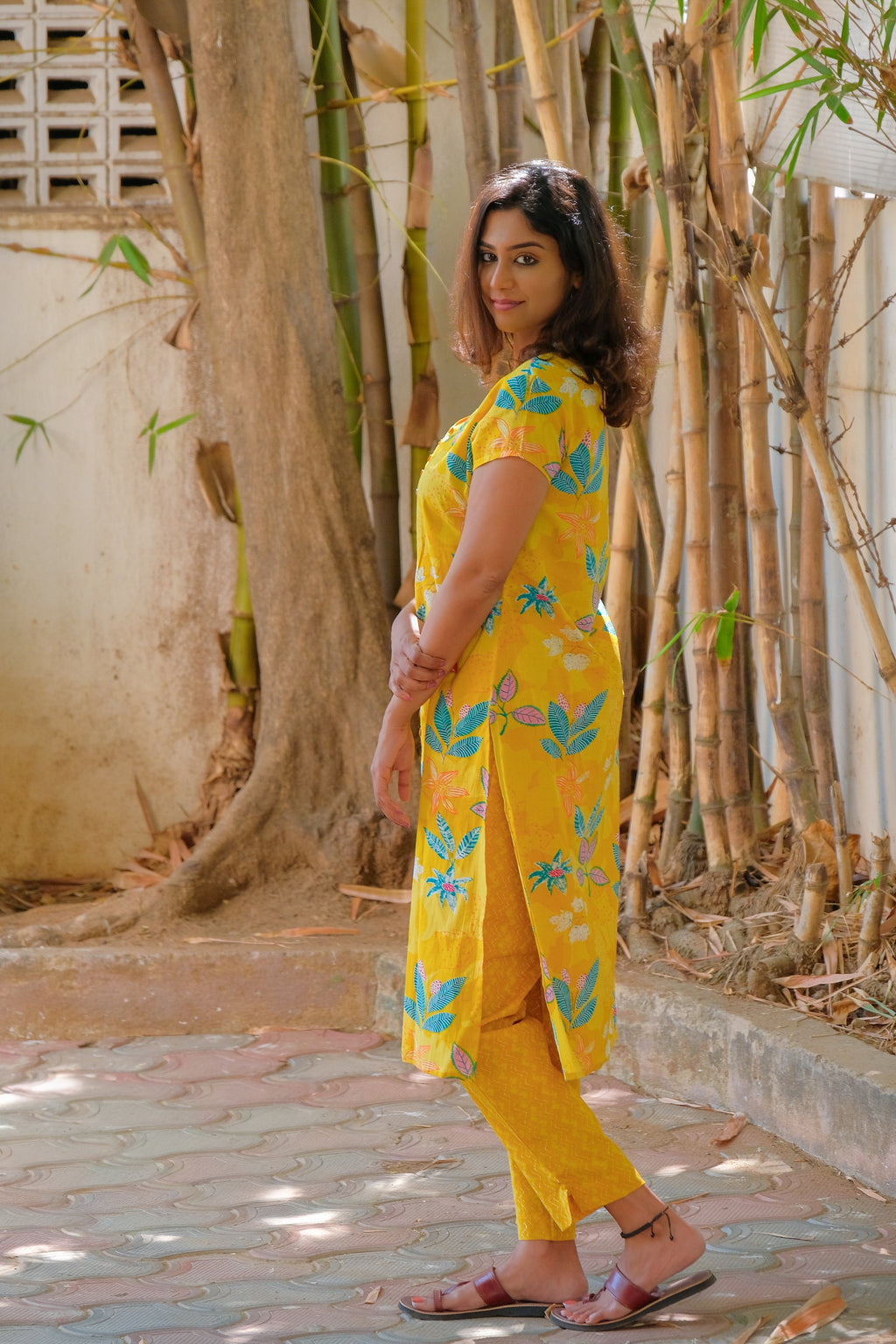 Elegant Yellow Floral Print Cotton kurti with Pant