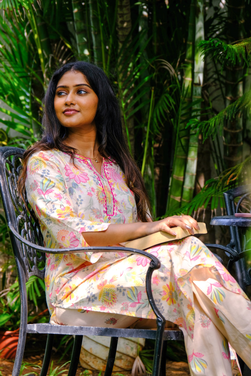 Soft Peach Floral Cotton Kurti Set with Embroidery and Sequin work
