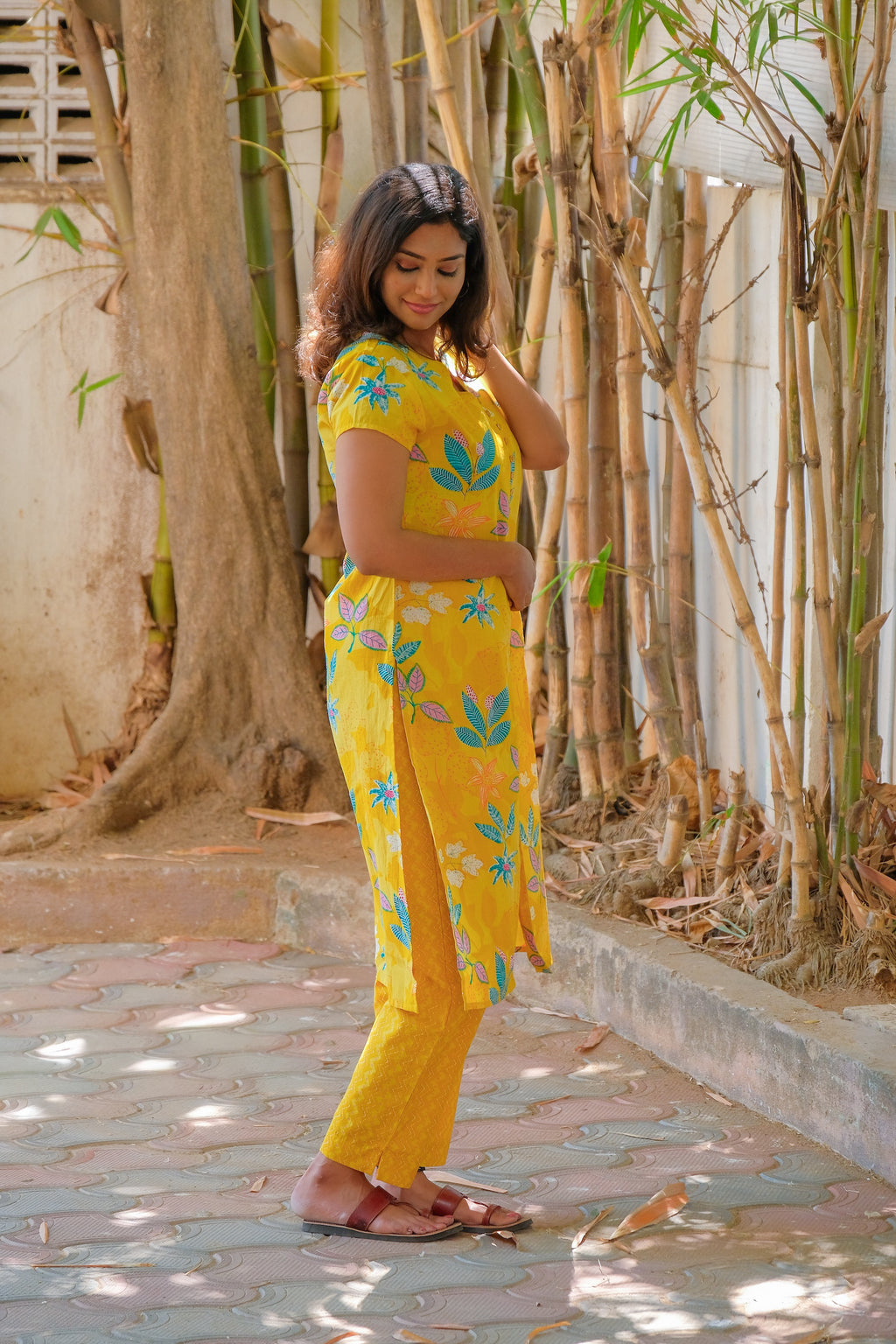 Elegant Yellow Floral Print Cotton kurti with Pant