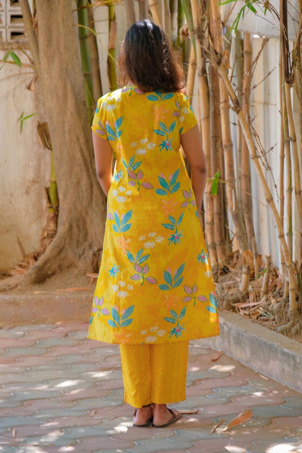 Elegant Yellow Floral Print Cotton kurti with Pant