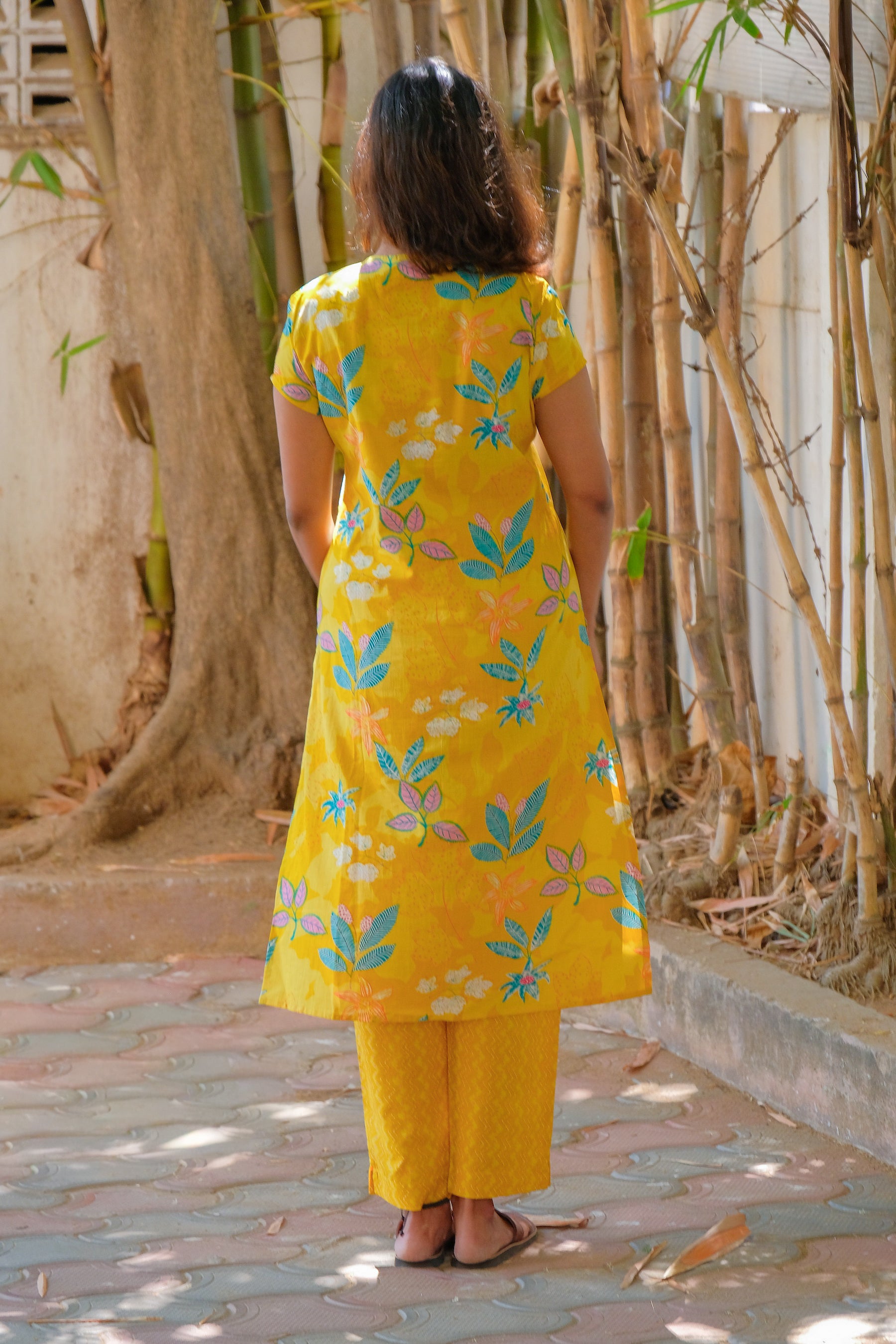 Elegant Yellow Floral Print Cotton kurti with Pant