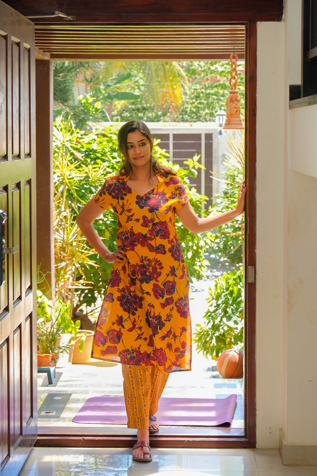 Mustard Yellow and Maroon flowers Cotton Kurti with Pant