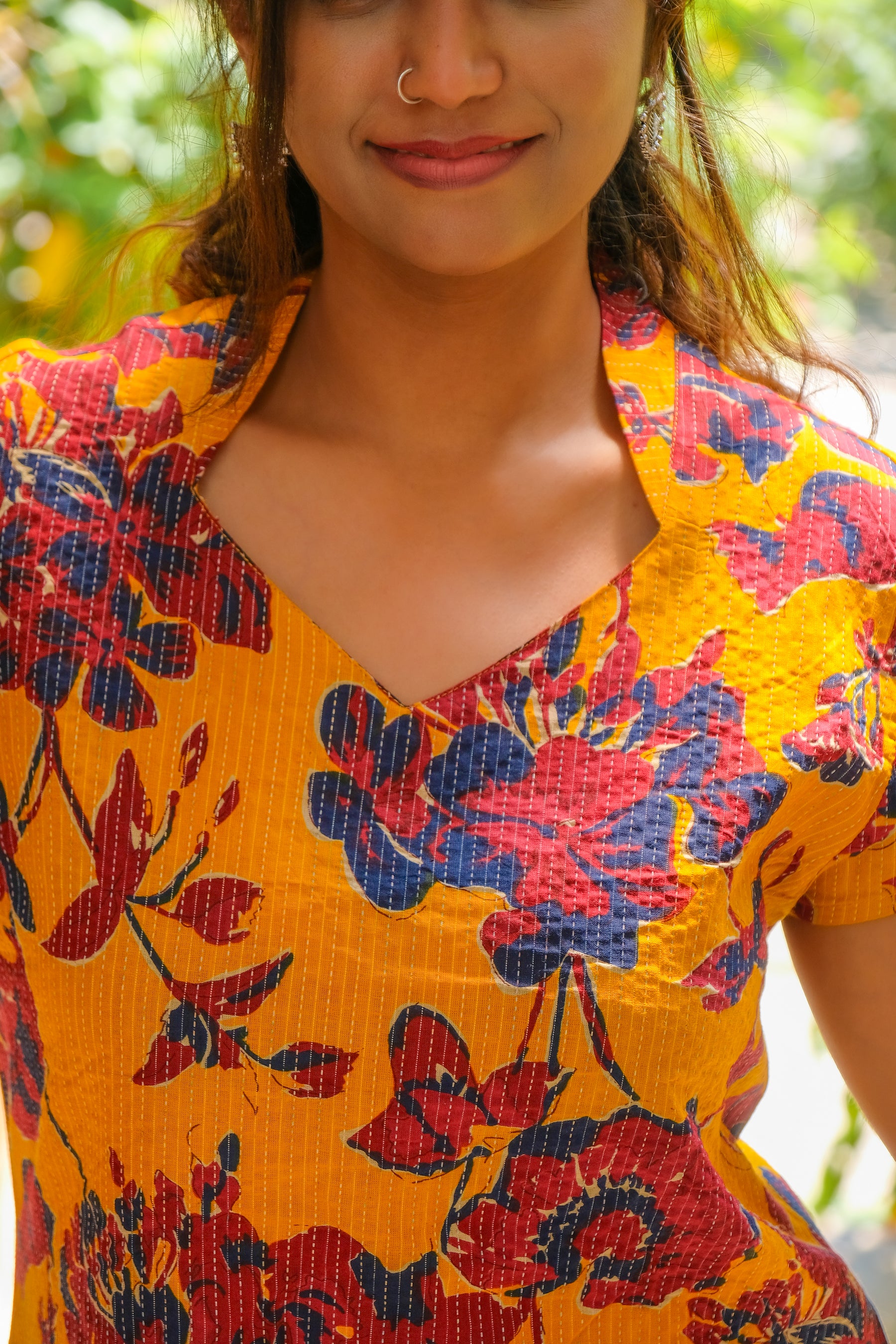 Mustard Yellow and Maroon flowers Cotton Kurti with Pant