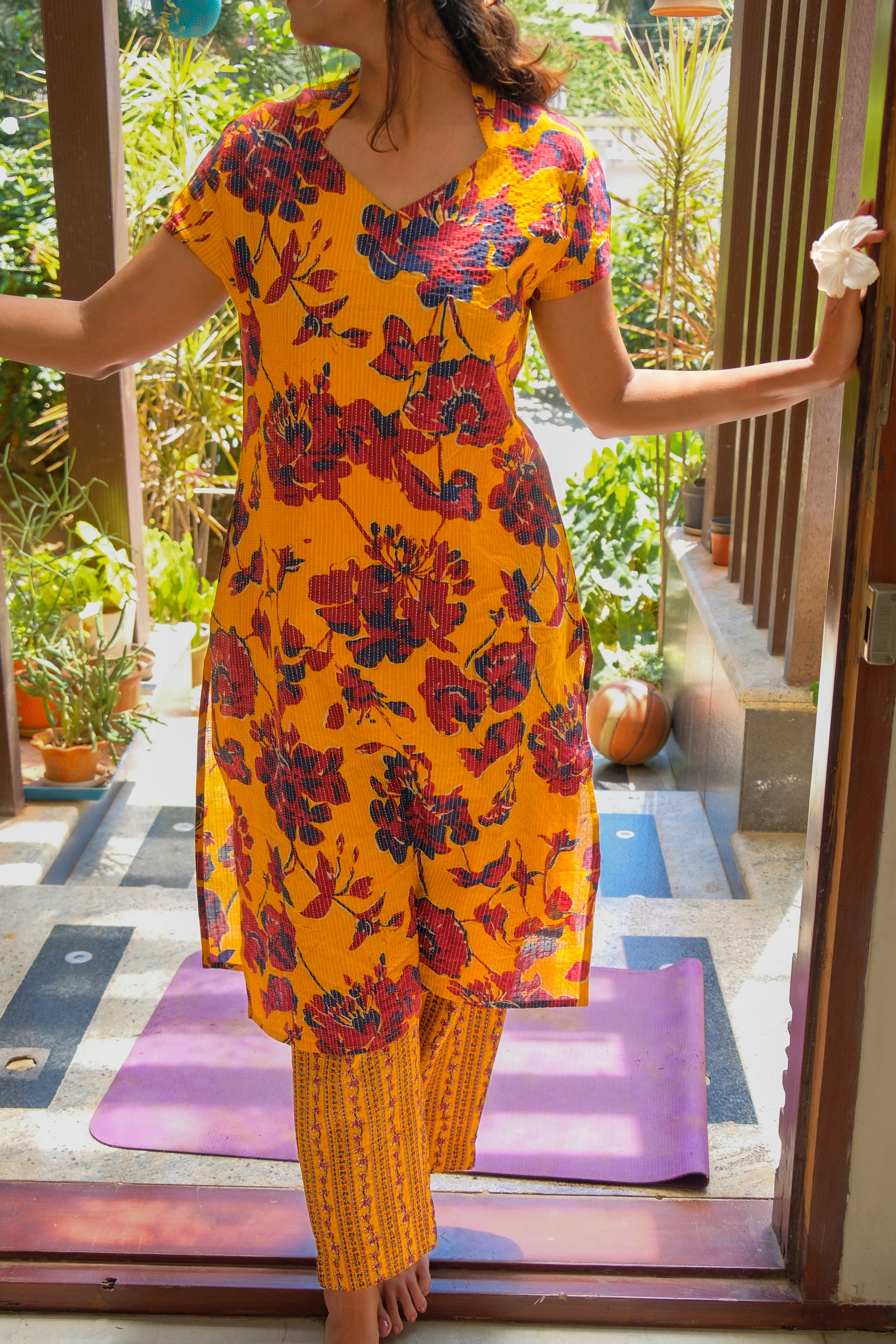Mustard Yellow and Maroon flowers Cotton Kurti with Pant