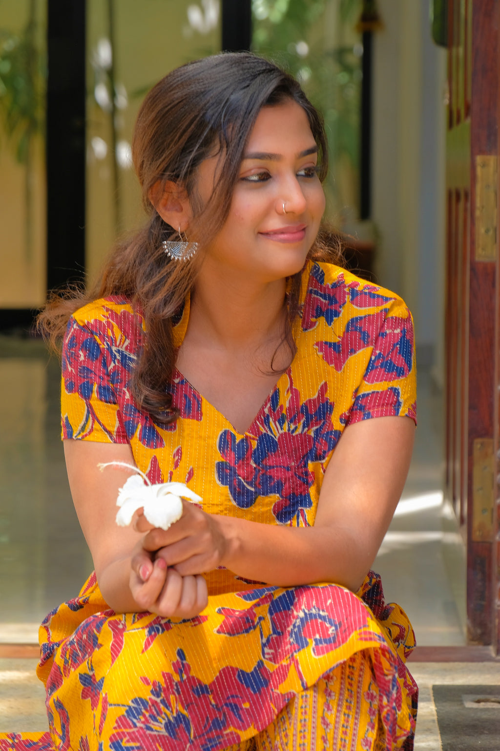 Mustard Yellow and Maroon flowers Cotton Kurti with Pant