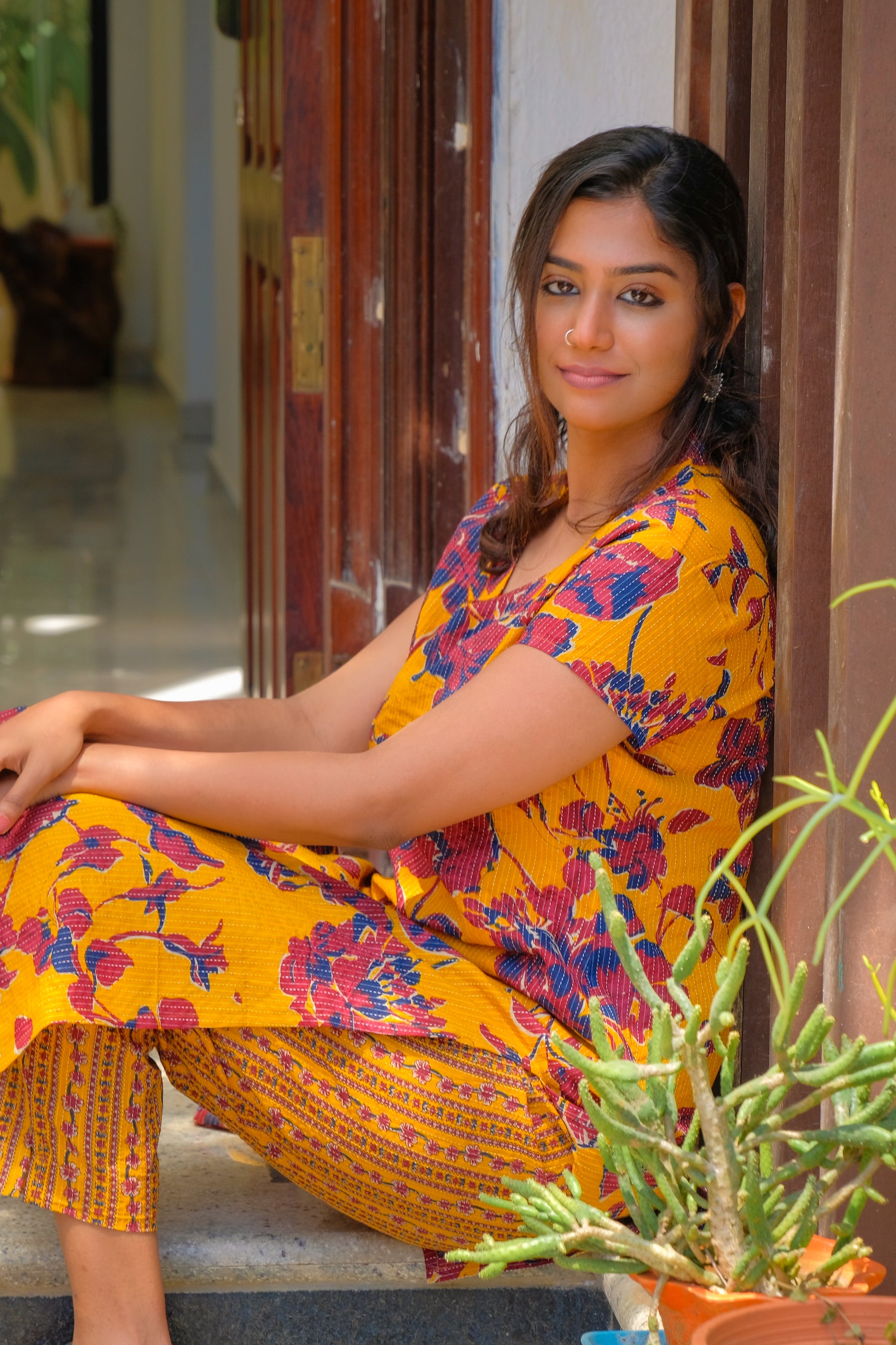 Mustard Yellow and Maroon flowers Cotton Kurti with Pant