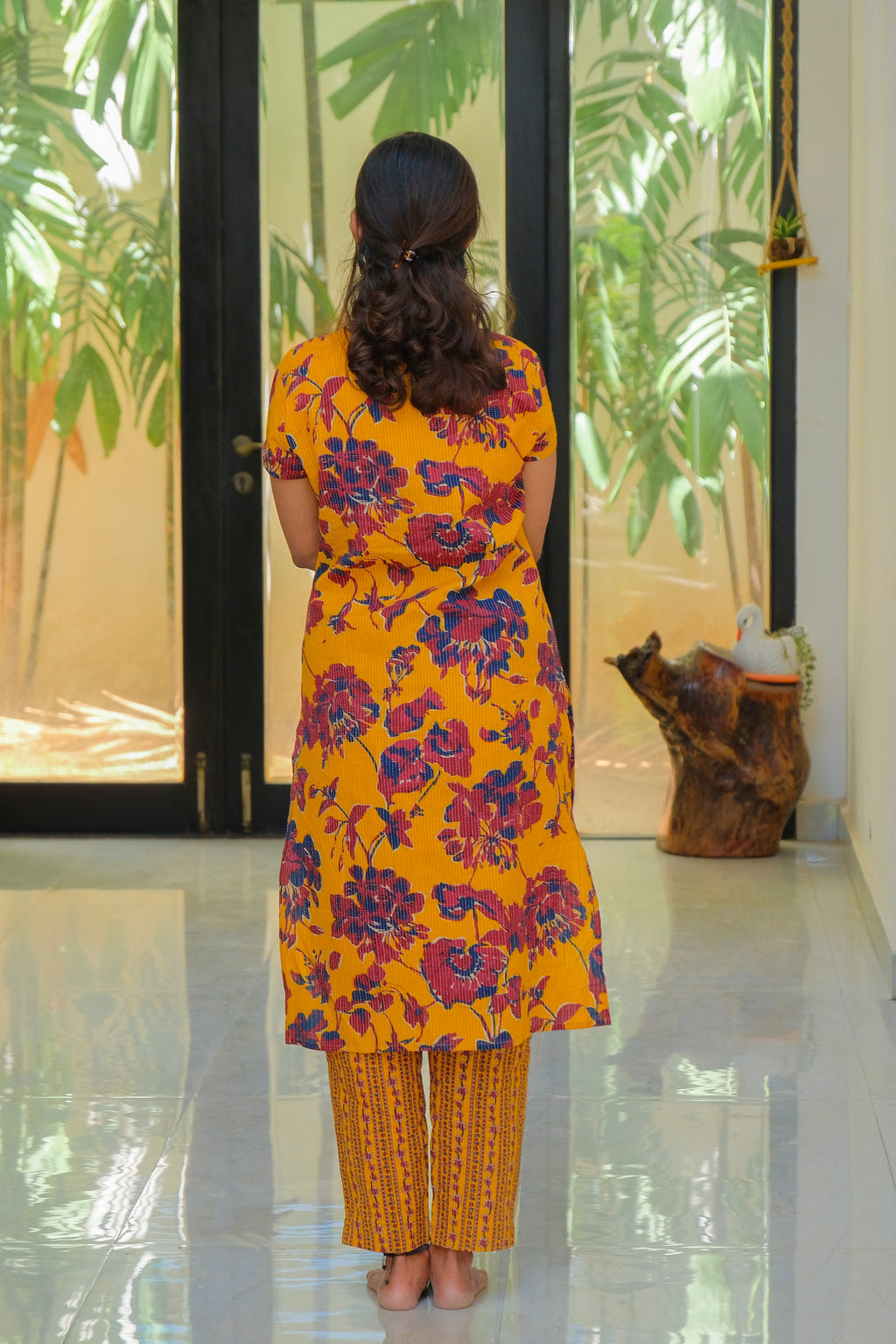 Mustard Yellow and Maroon flowers Cotton Kurti with Pant