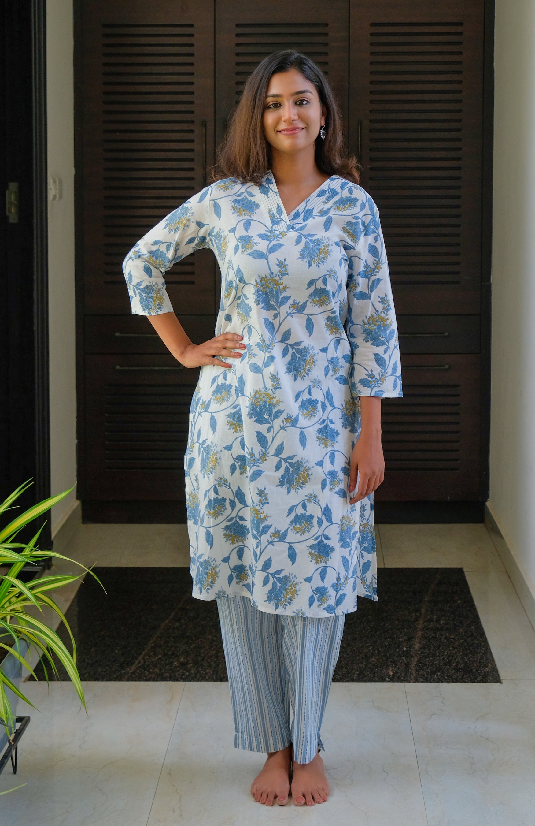 White and Blue Floral Design Cotton Kurti with Pant