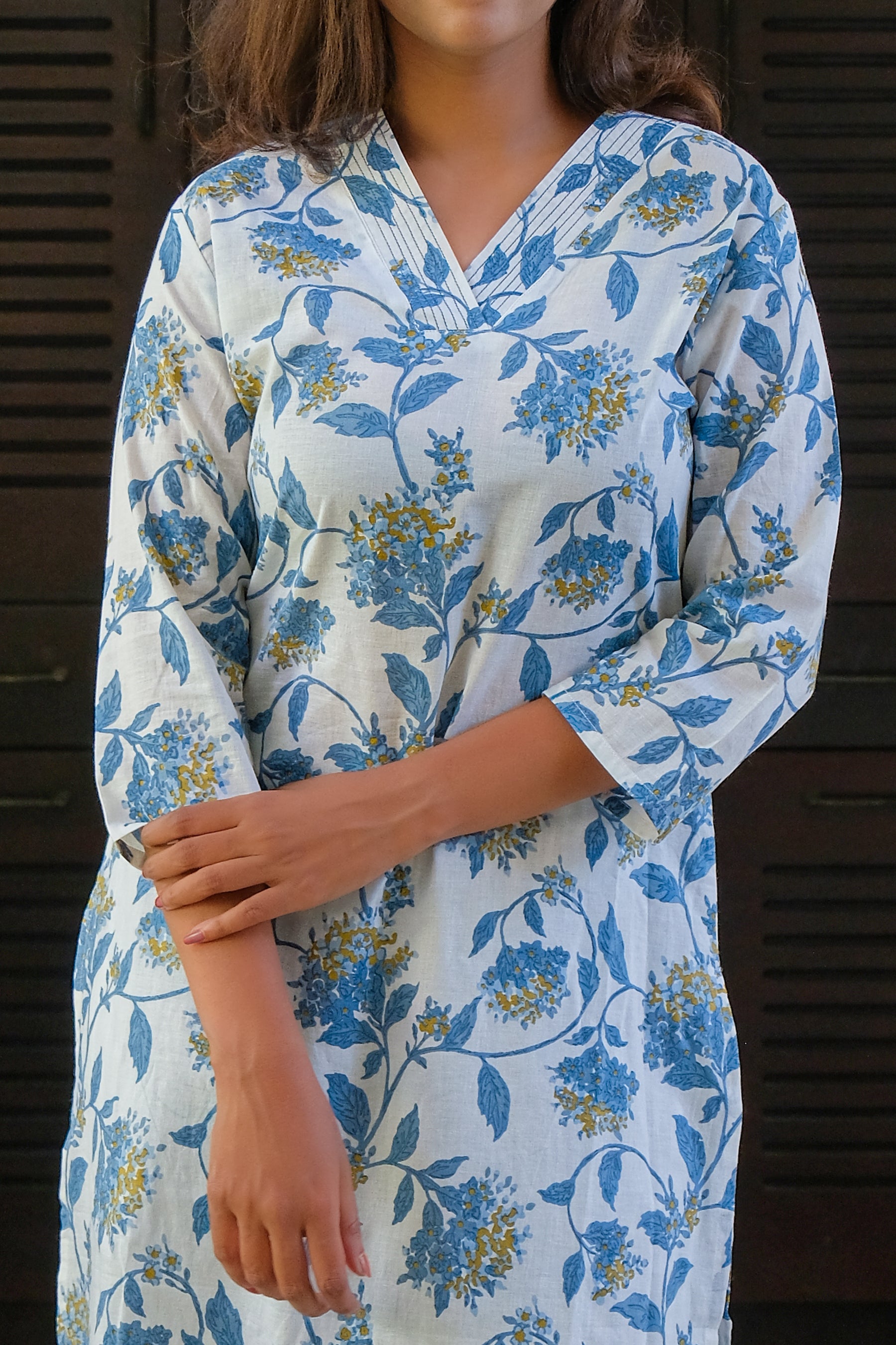 White and Blue Floral Design Cotton Kurti with Pant