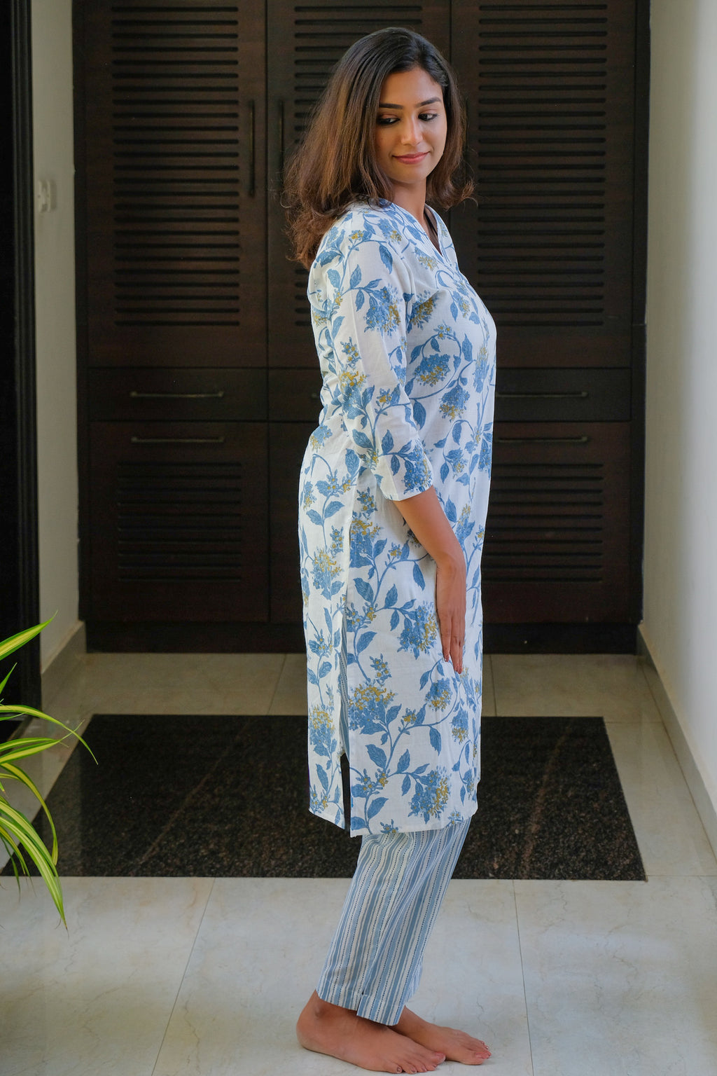 White and Blue Floral Design Cotton Kurti with Pant