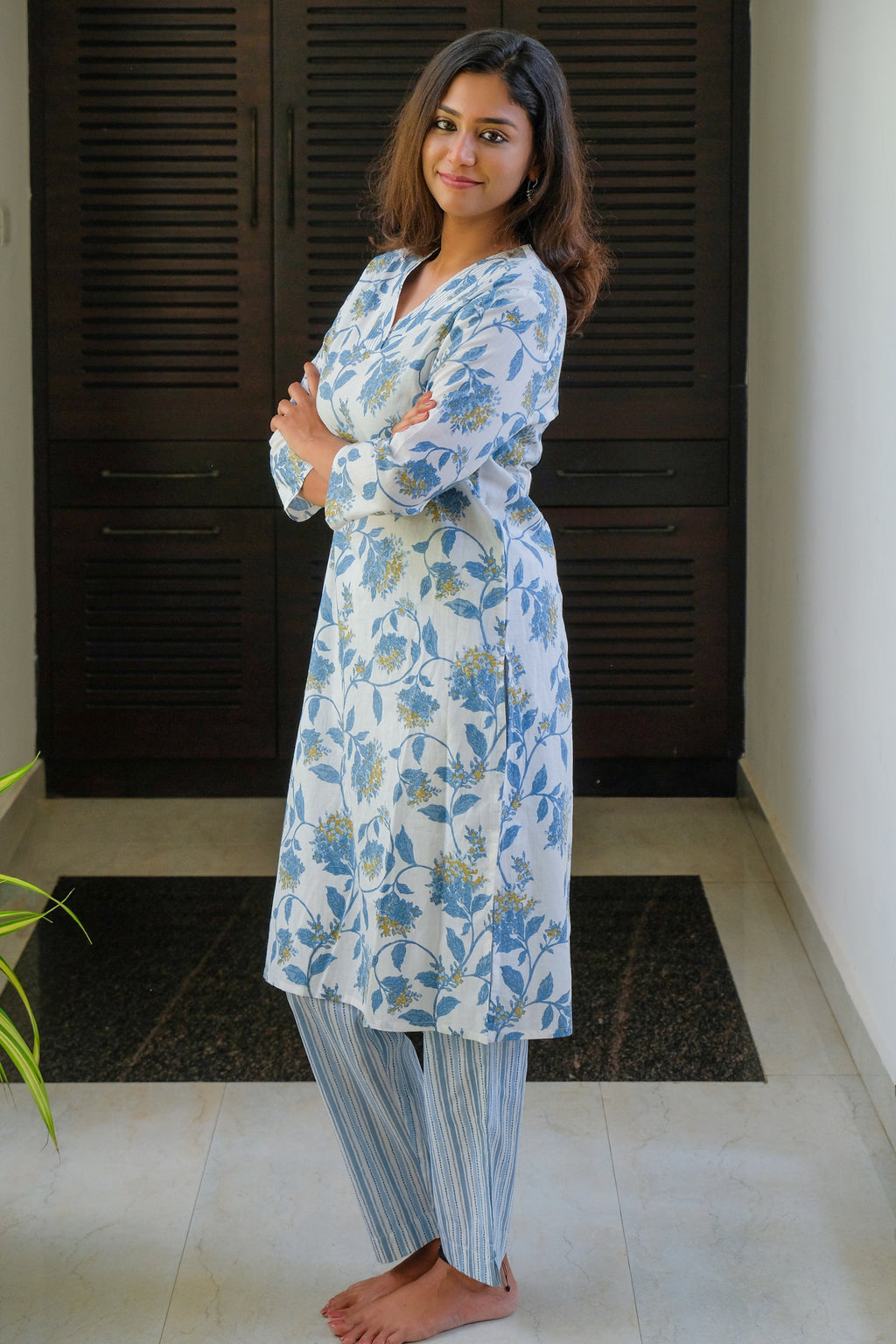White and Blue Floral Design Cotton Kurti with Pant