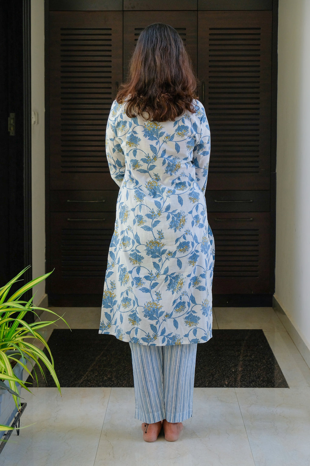 White and Blue Floral Design Cotton Kurti with Pant