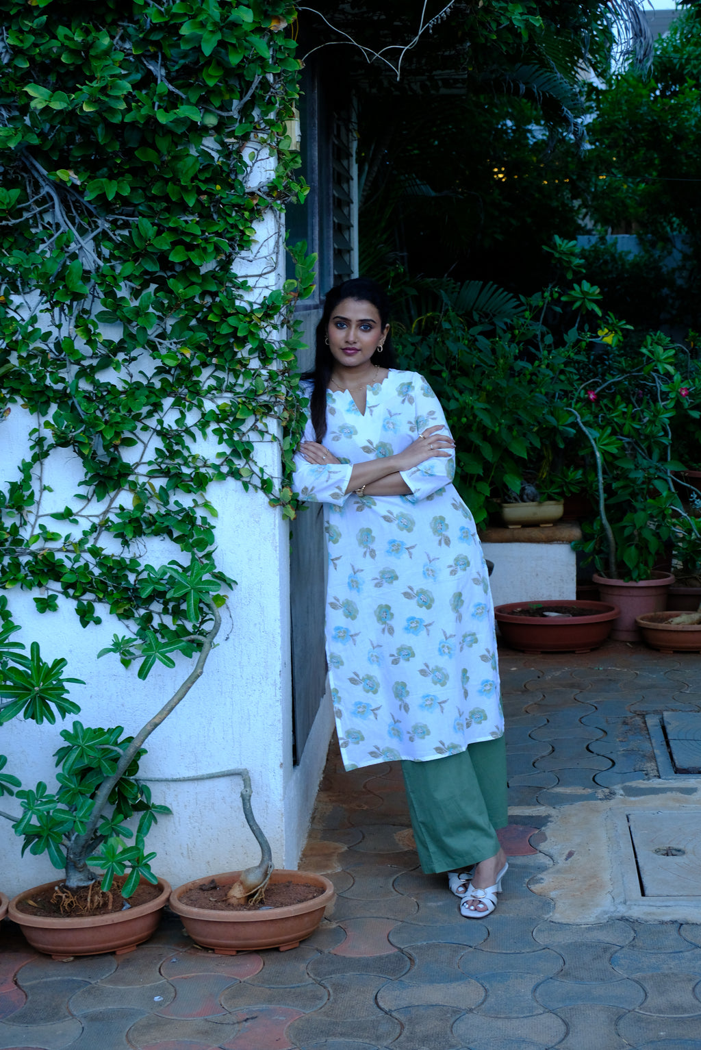 White Floral Print Cotton Kurti with Green Pant