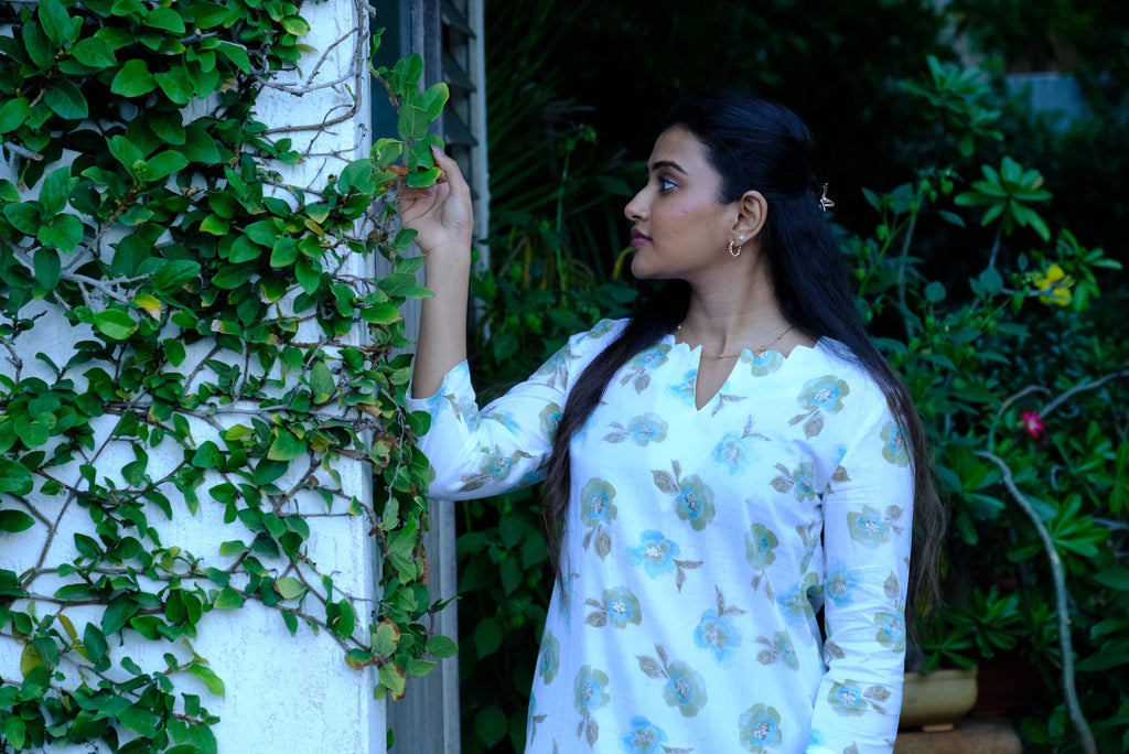 White Floral Print Cotton Kurti with Green Pant