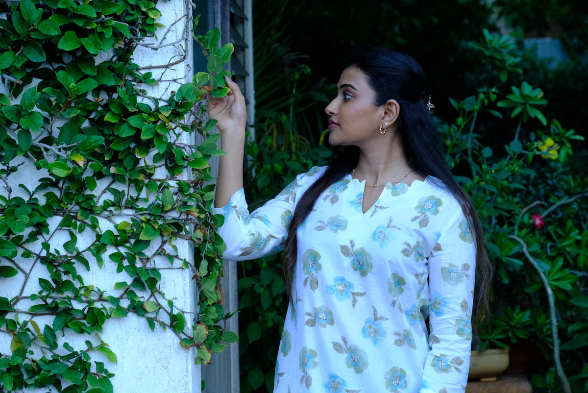 White Floral Print Cotton Kurti with Green Pant