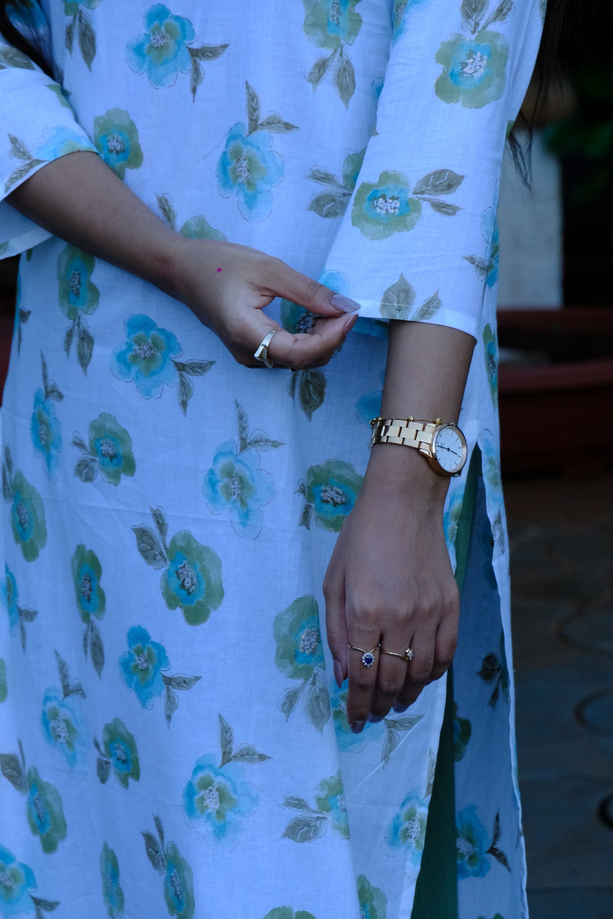 White Floral Print Cotton Kurti with Green Pant