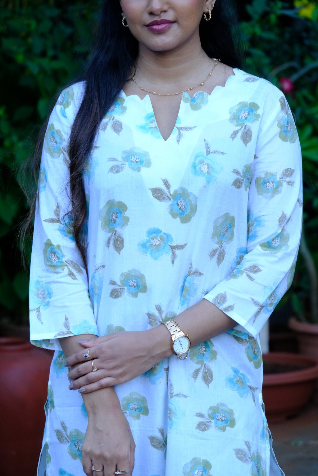 White Floral Print Cotton Kurti with Green Pant
