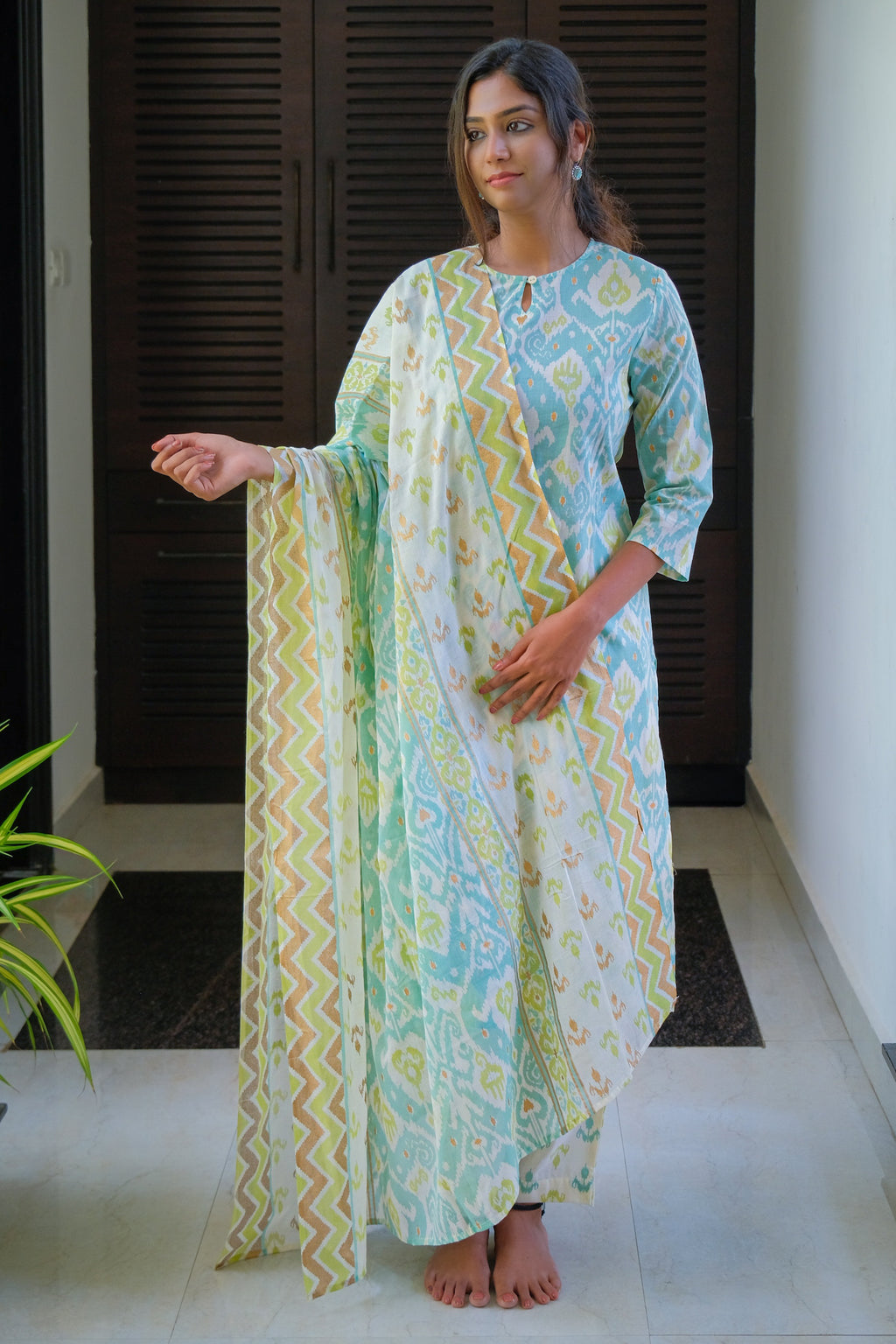 Seagreen Ikat Print Cotton Kurti with Pant and Dupatta