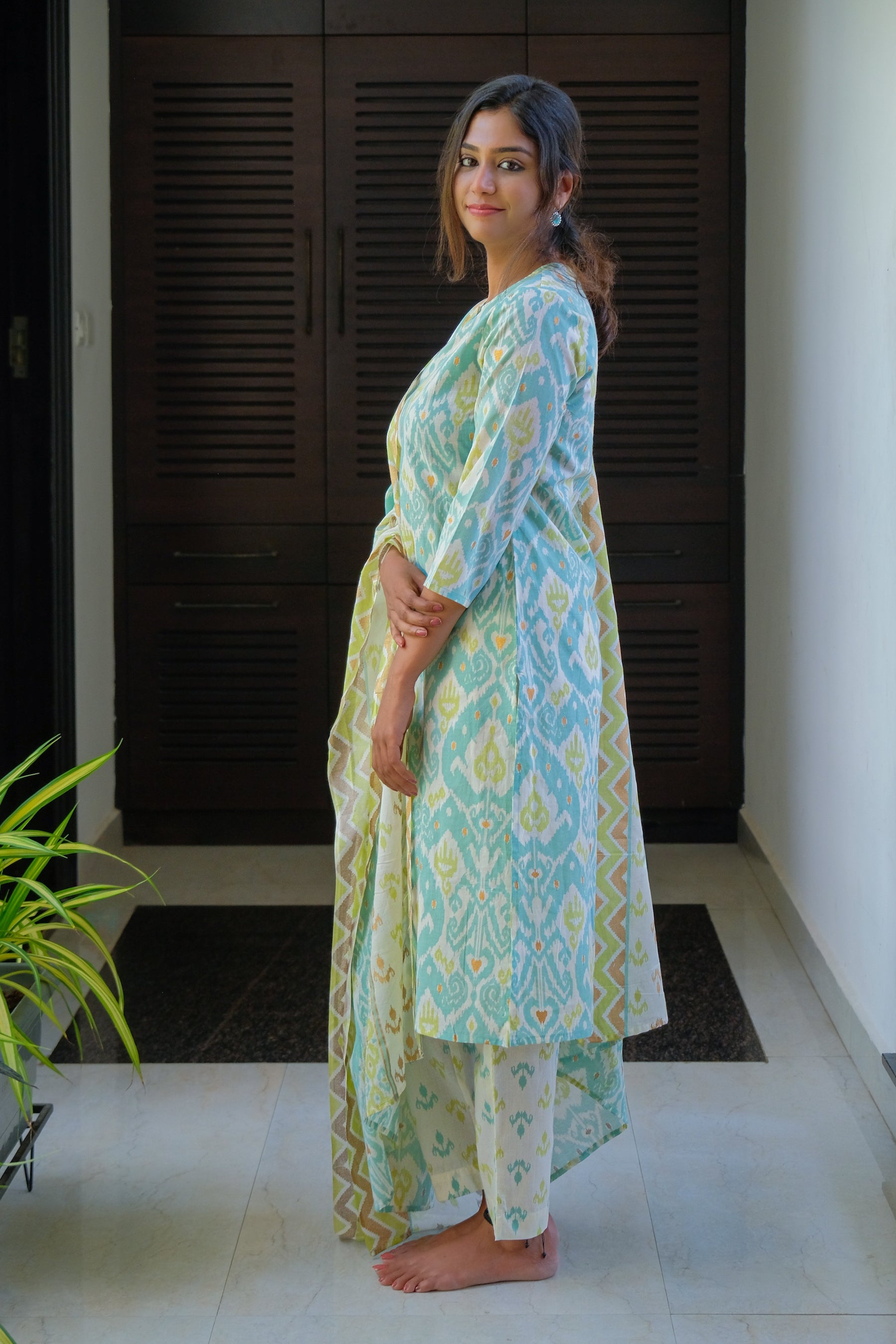 Seagreen Ikat Print Cotton Kurti with Pant and Dupatta