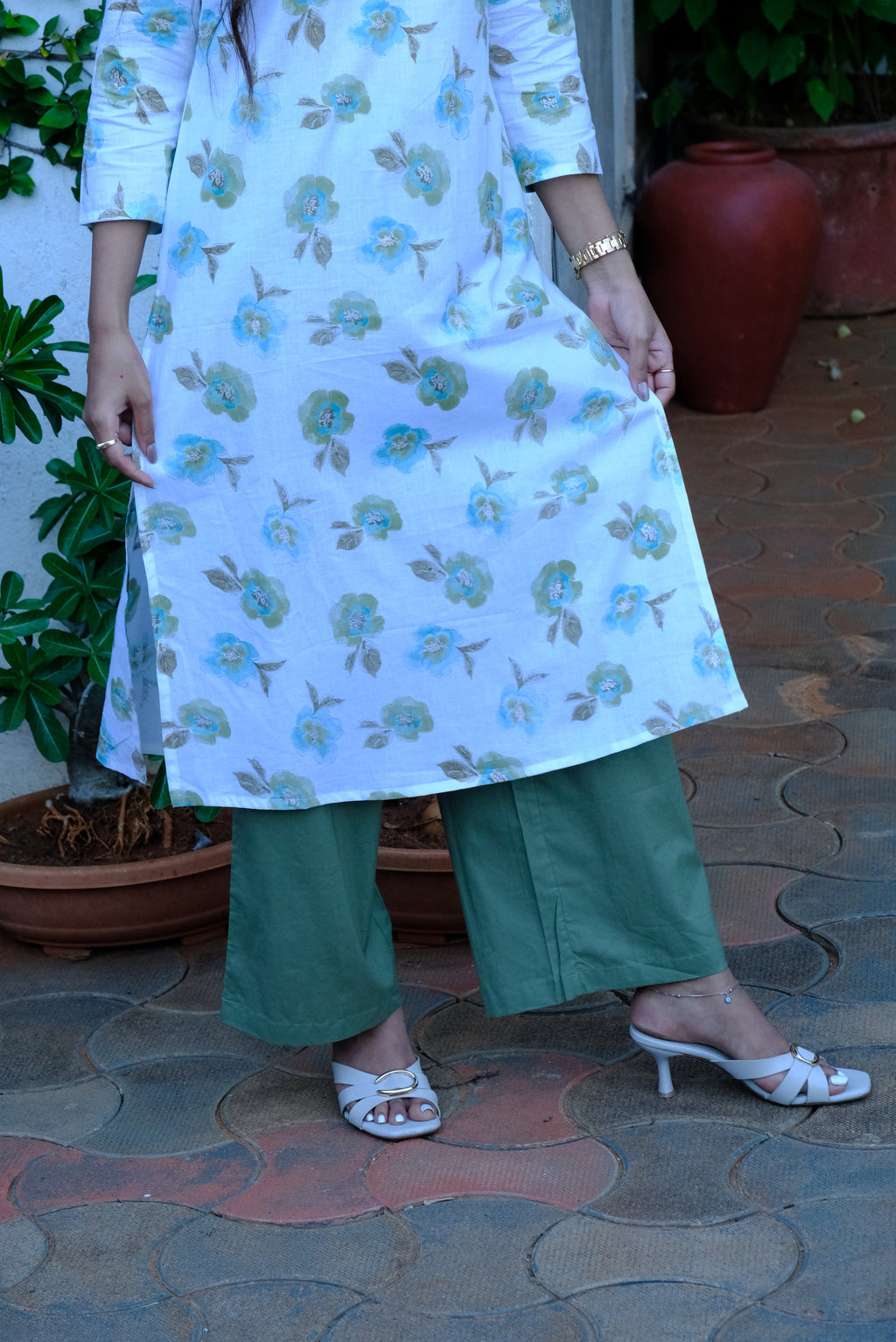 White Floral Print Cotton Kurti with Green Pant