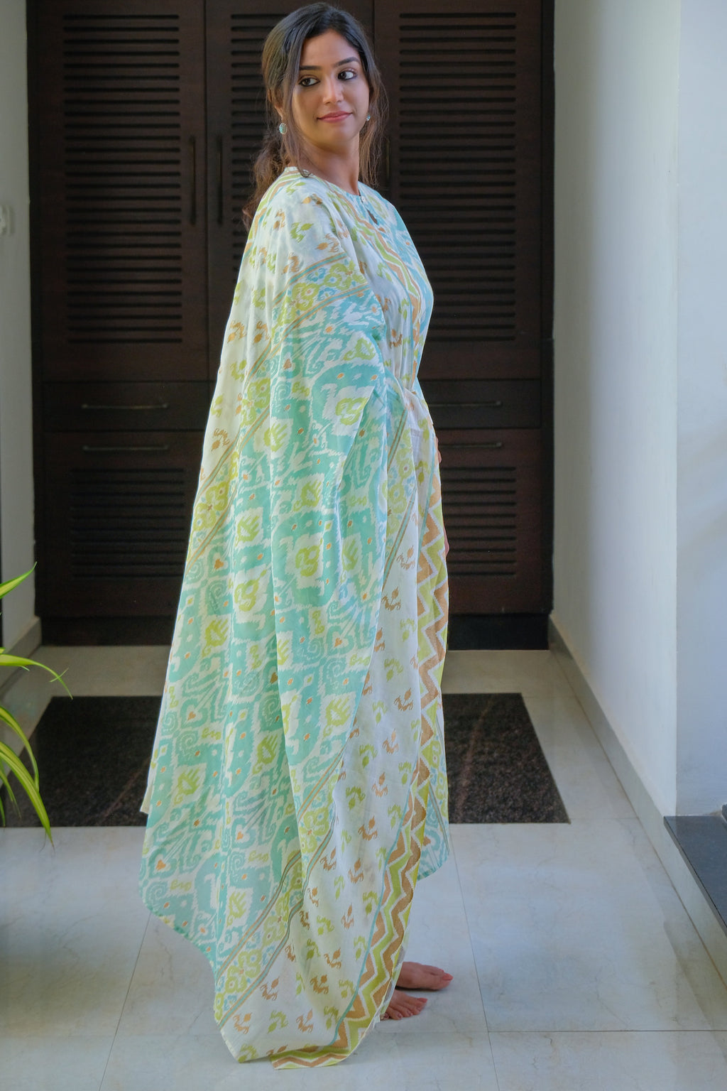 Seagreen Ikat Print Cotton Kurti with Pant and Dupatta
