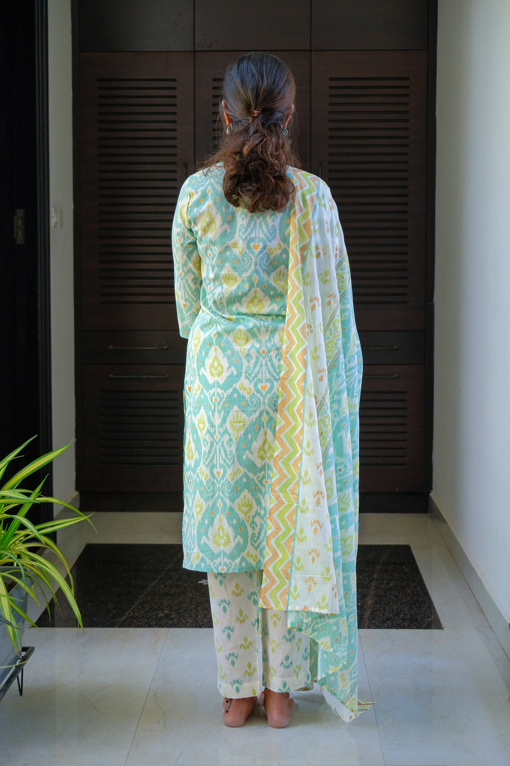 Seagreen Ikat Print Cotton Kurti with Pant and Dupatta