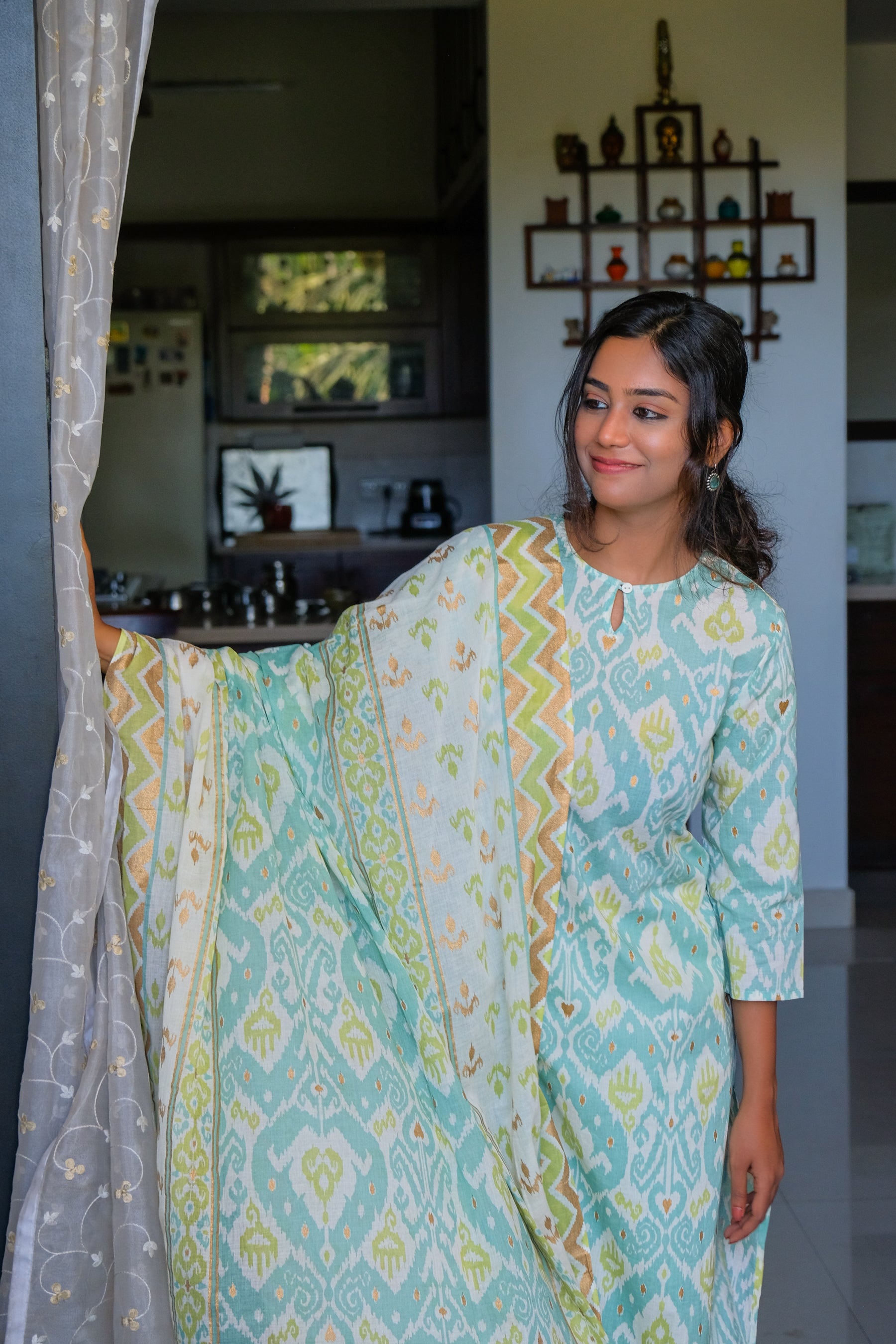 Seagreen Ikat Print Cotton Kurti with Pant and Dupatta