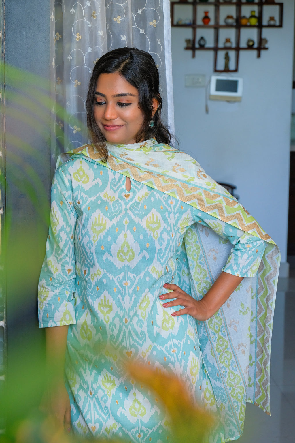 Seagreen Ikat Print Cotton Kurti with Pant and Dupatta