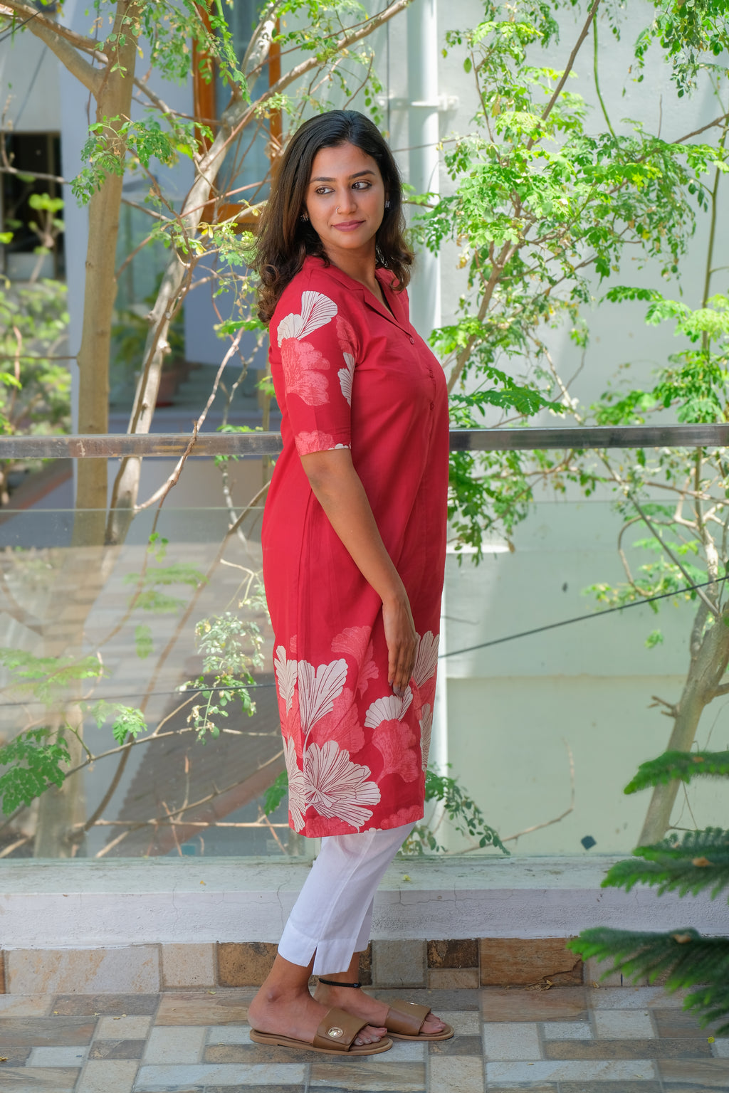 Deep Red Leaf Print Dress/kurti