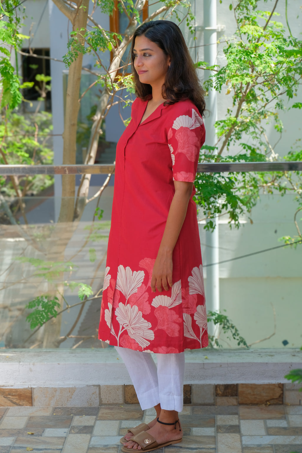 Deep Red Leaf Print Dress/kurti