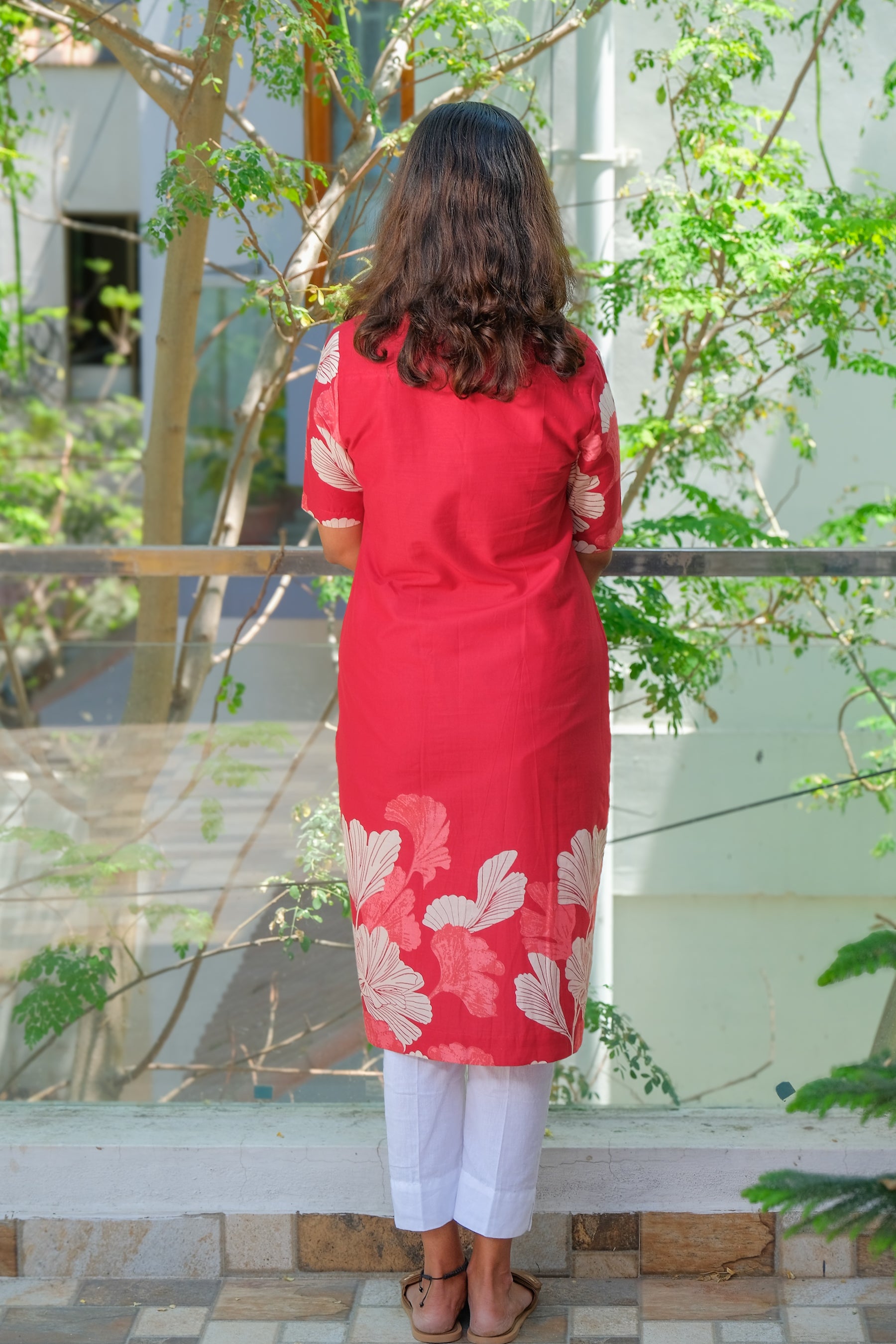 Deep Red Leaf Print Dress/kurti