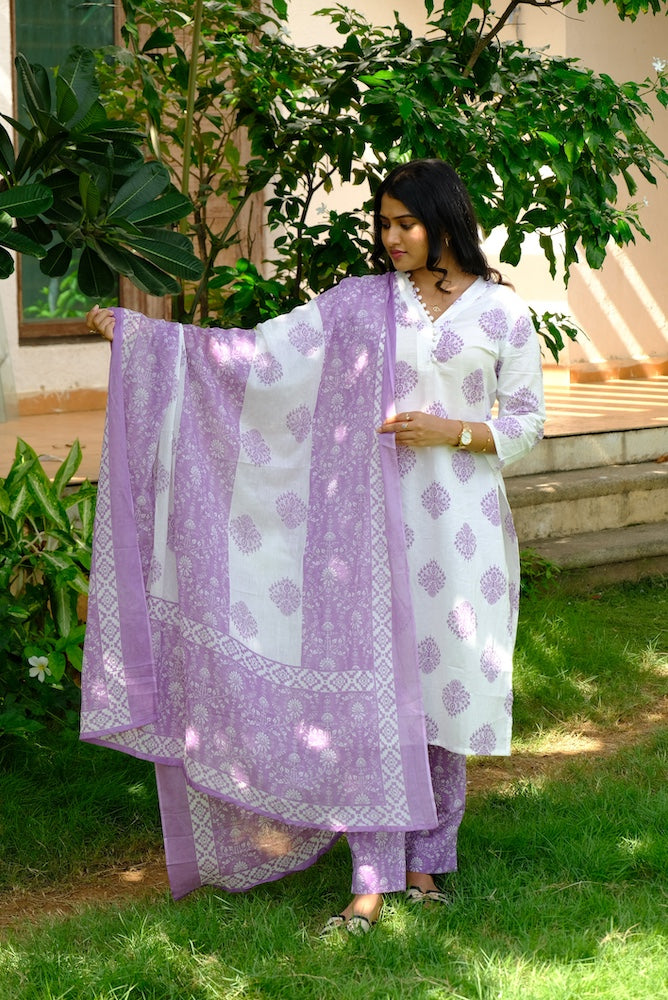 Elegant White Cotton Kurti 3 Piece Set with Purple Print Design