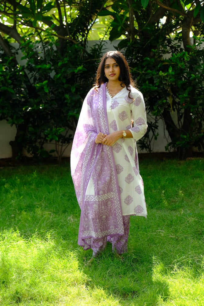 Elegant White Cotton Kurti 3 Piece Set with Purple Print Design
