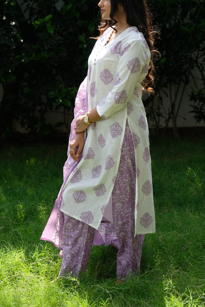 Elegant White Cotton Kurti 3 Piece Set with Purple Print Design