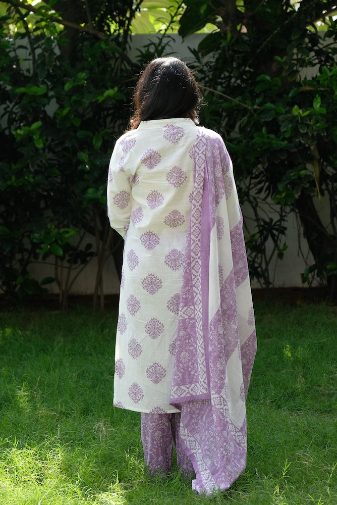 Elegant White Cotton Kurti 3 Piece Set with Purple Print Design
